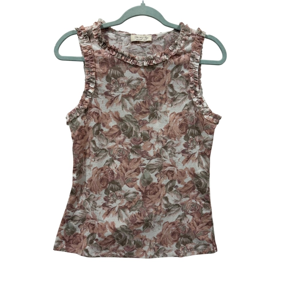 Doe and‎ Rae Floral Ruffle Trim Ribbed Sleeveless Top Mauve Tan Medium 41866T-1